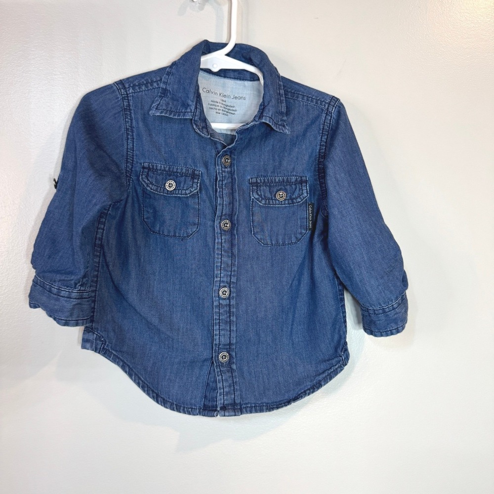 Calvin Klein Jeans Baby Boys‎ Chambray Denim Shirt Blue Roll Tab Sleeves 18M